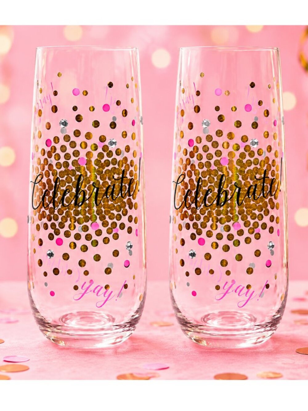"Celebrate" Gold & Pink Metallic Set of 2 Whimsical Stemless Champagne Glasses